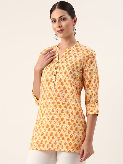 Yellow Mandarin Collar Ethnic Motifs Cotton Tunic