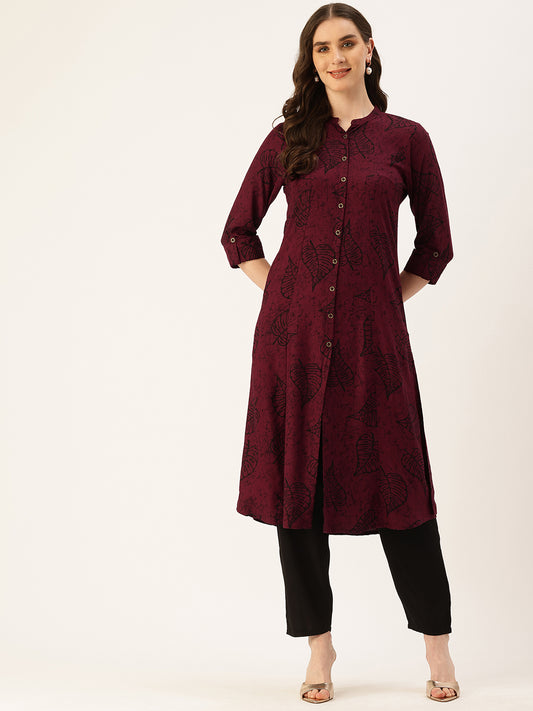 Maroon & Black Printed Kurta