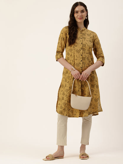 Mustard Floral Printed Mandarin Collar Kurta