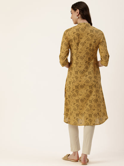 Mustard Floral Printed Mandarin Collar Kurta