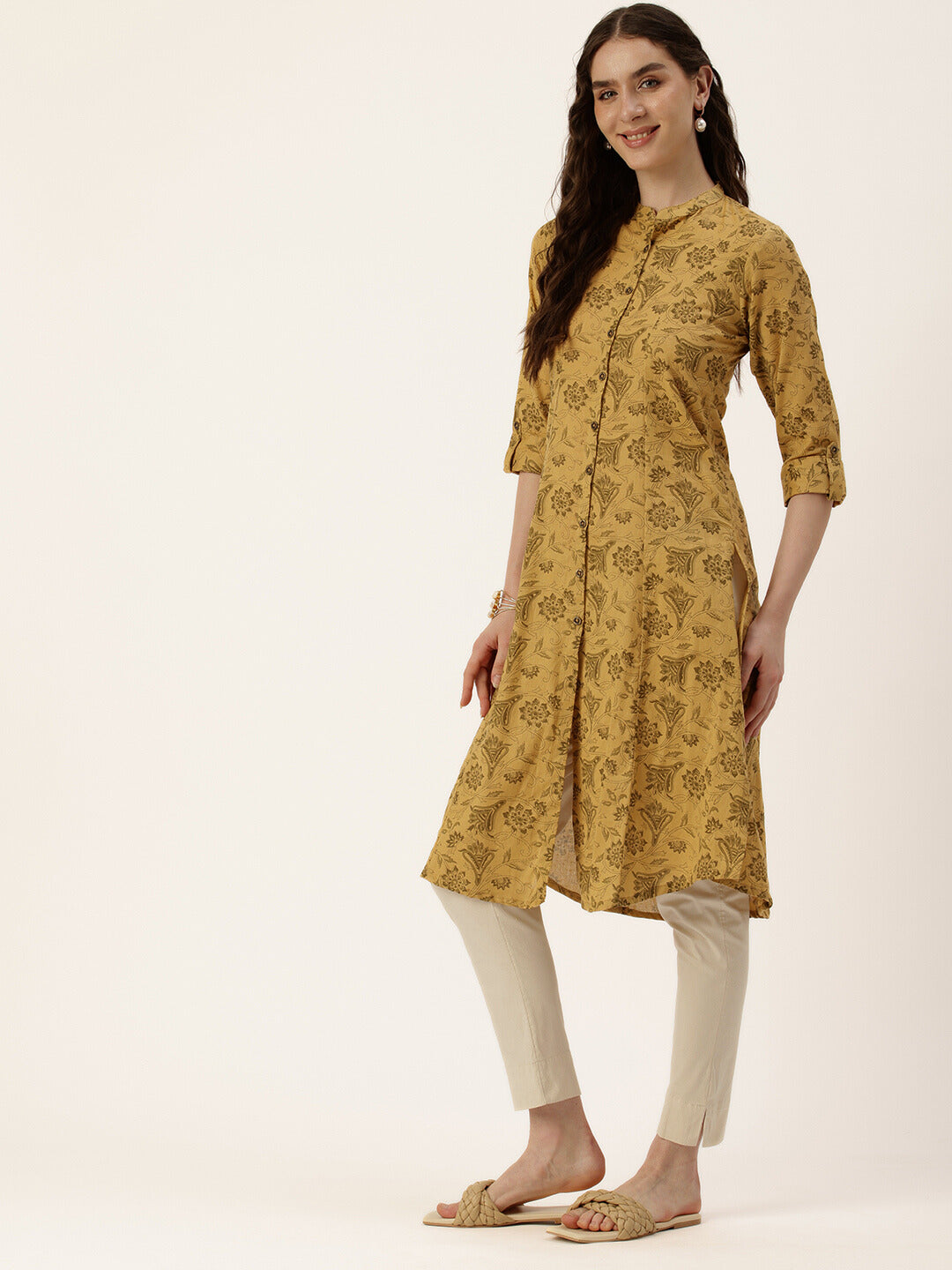 Mustard Floral Printed Mandarin Collar Kurta