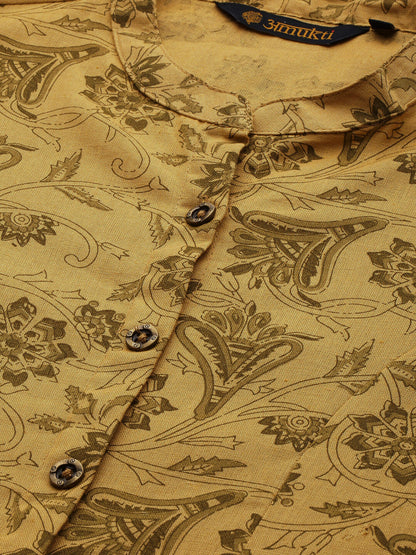 Mustard Floral Printed Mandarin Collar Kurta