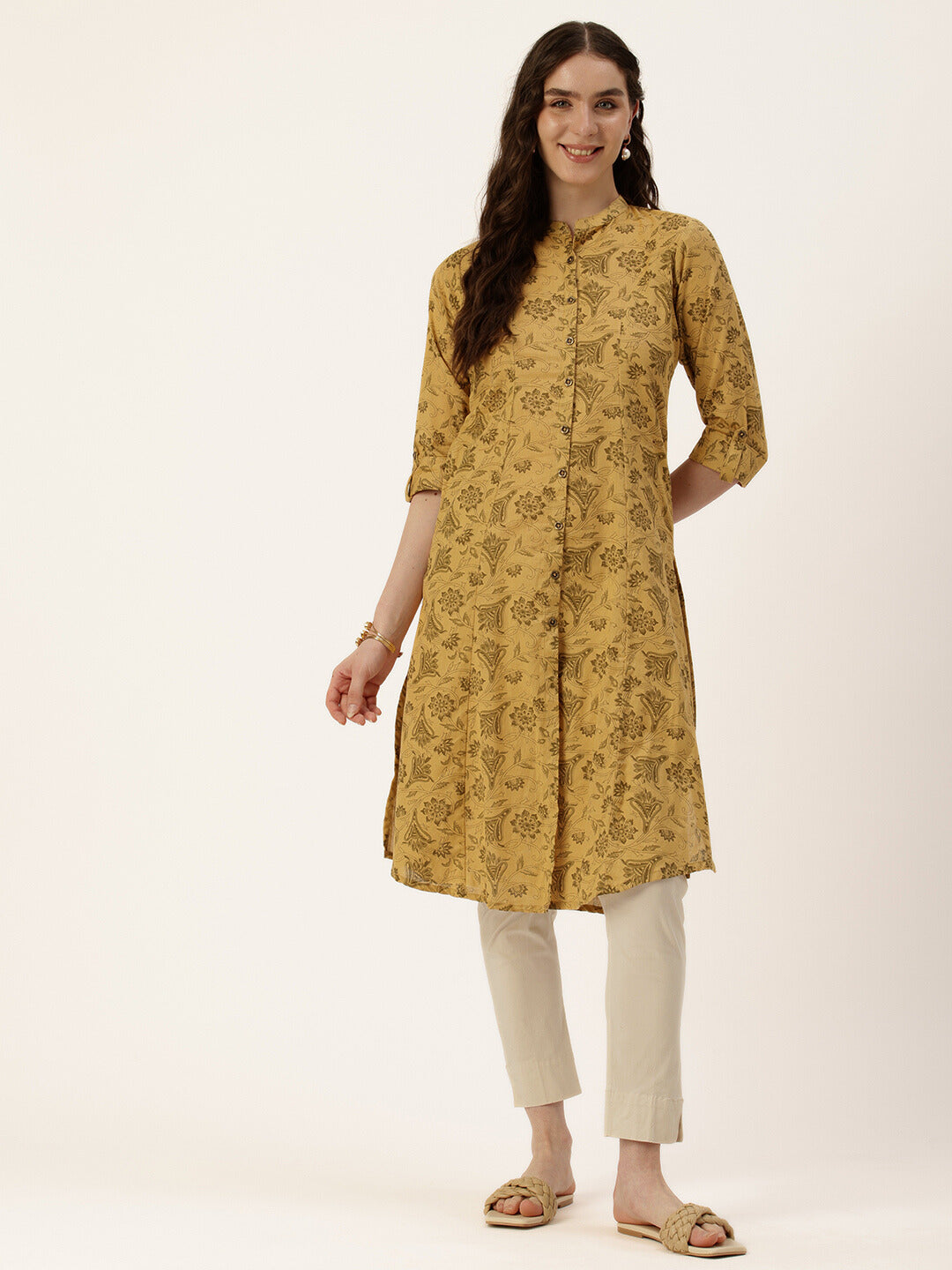 Mustard Floral Printed Mandarin Collar Kurta