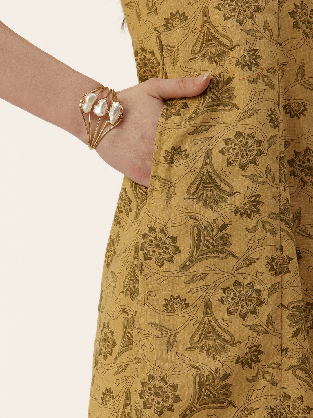 Mustard Floral Printed Mandarin Collar Kurta