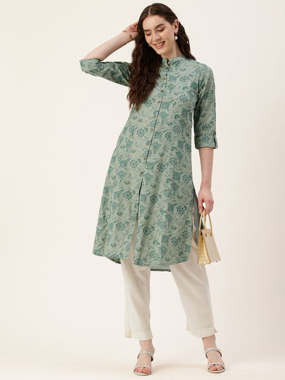 Blue Floral Printed Mandarin Collar Kurta