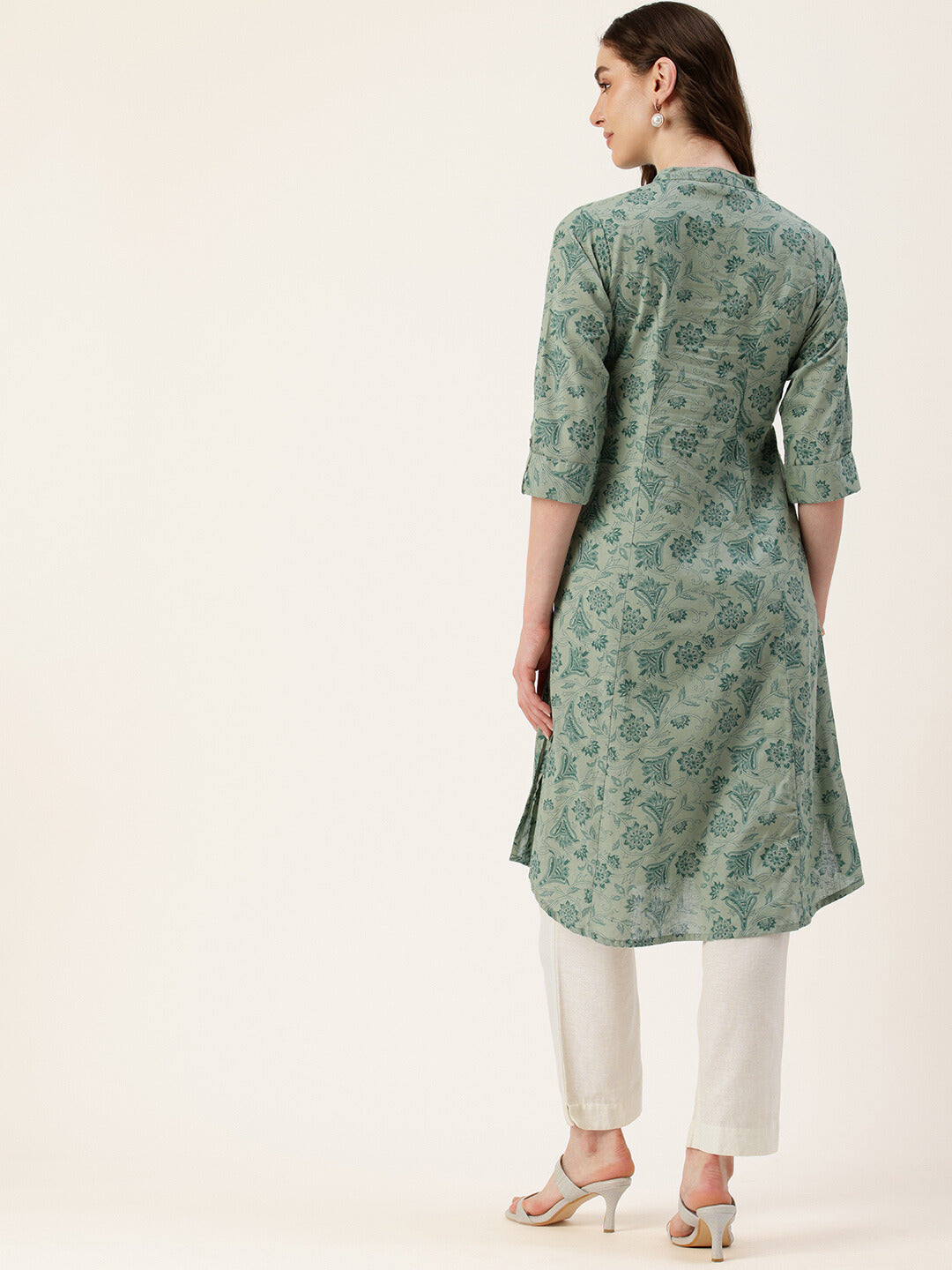 Blue Floral Printed Mandarin Collar Kurta