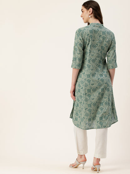 Blue Floral Printed Mandarin Collar Kurta