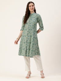 Blue Floral Printed Mandarin Collar Kurta