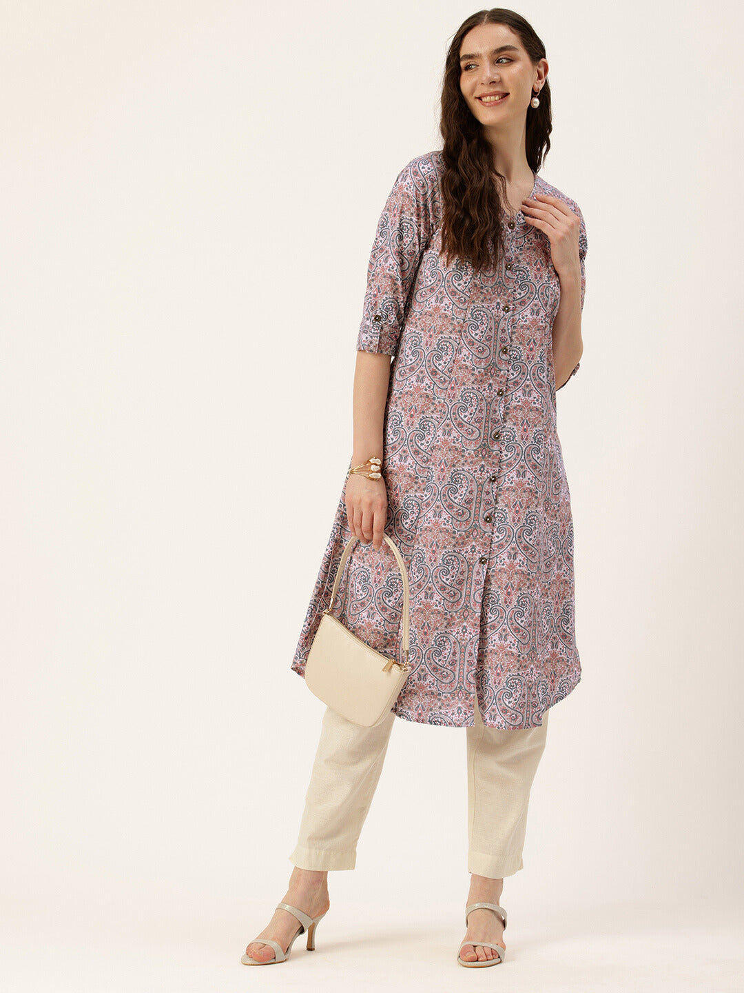 Pink Floral Printed Mandarin Collar Kurta