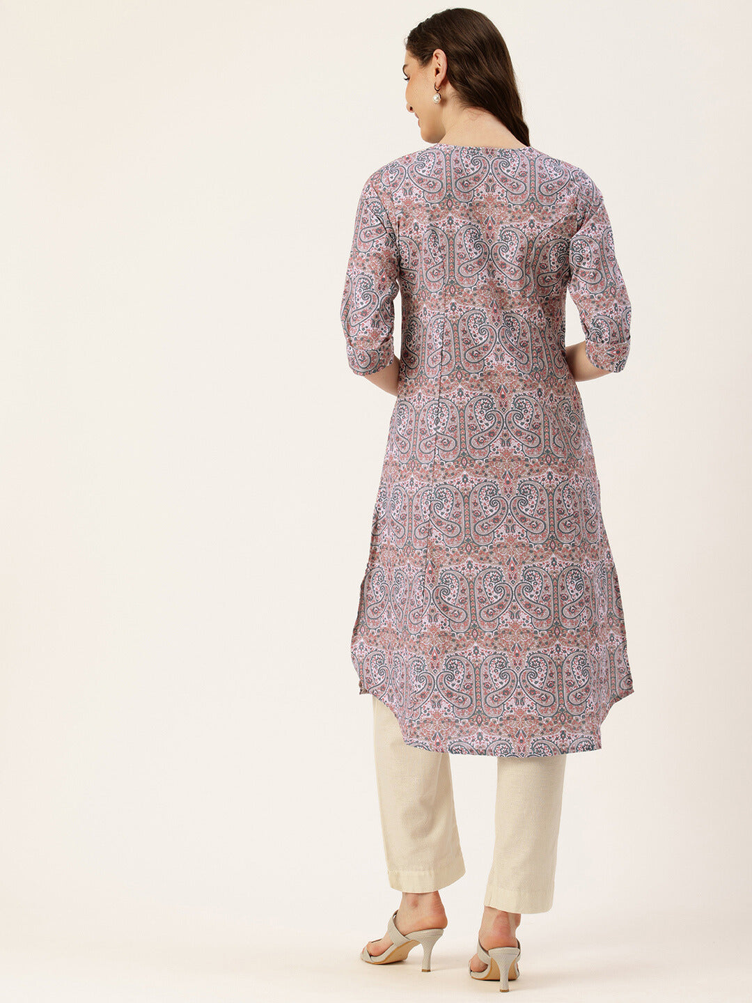 Pink Floral Printed Mandarin Collar Kurta