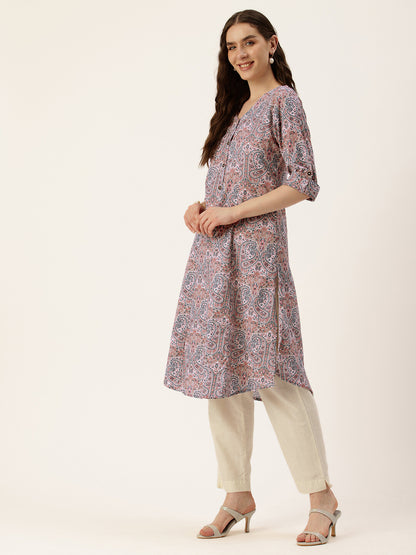 Pink Floral Printed Mandarin Collar Kurta