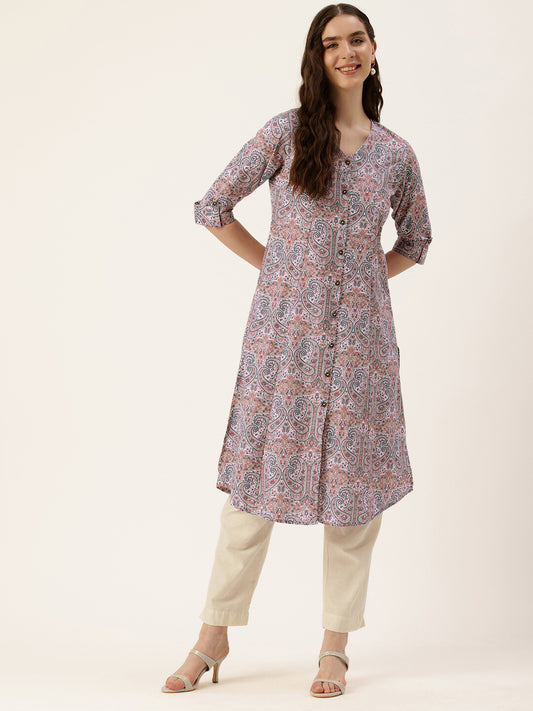 Pink Floral Printed Mandarin Collar Kurta