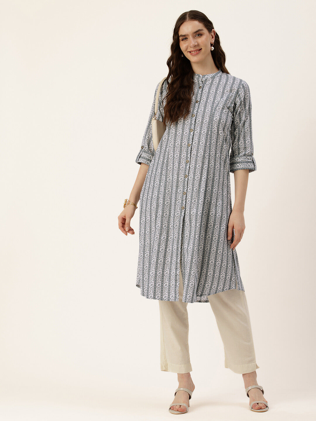 Grey Striped Printed Collar Kurta