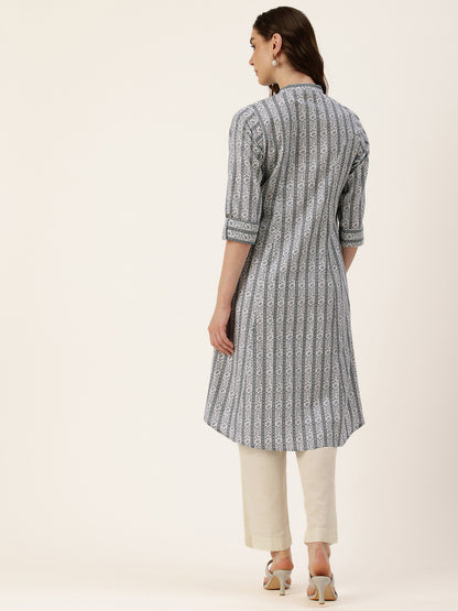 Grey Striped Printed Collar Kurta