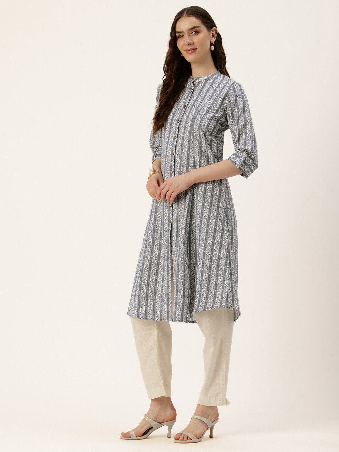 Grey Striped Printed Collar Kurta