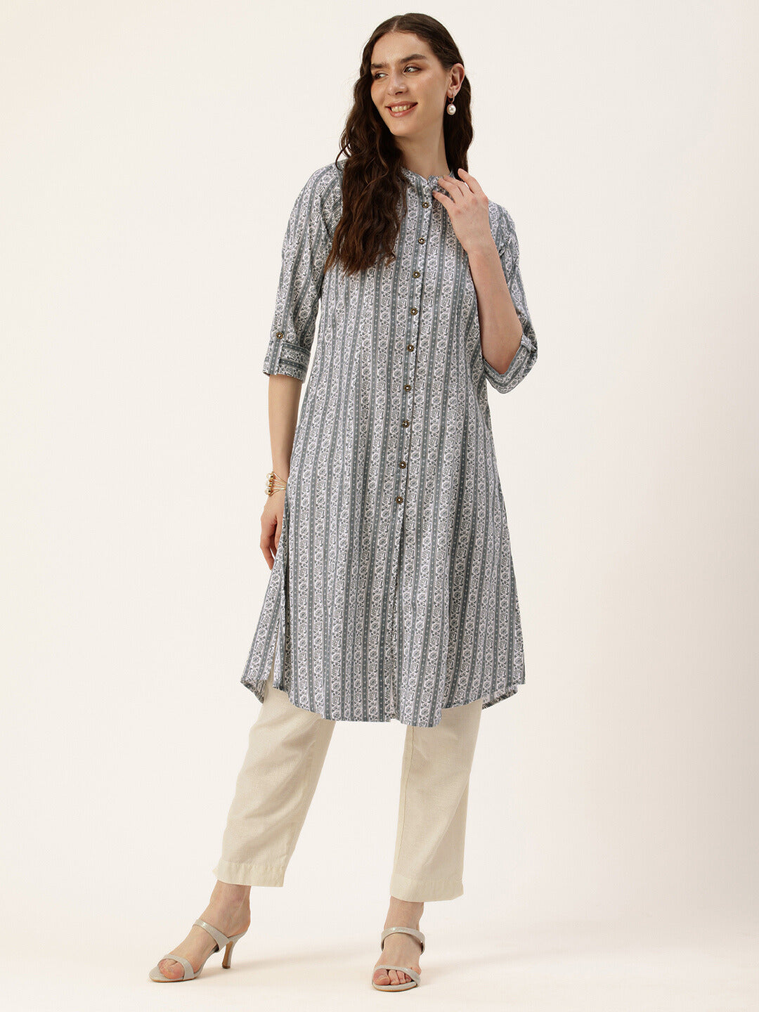 Grey Striped Printed Collar Kurta