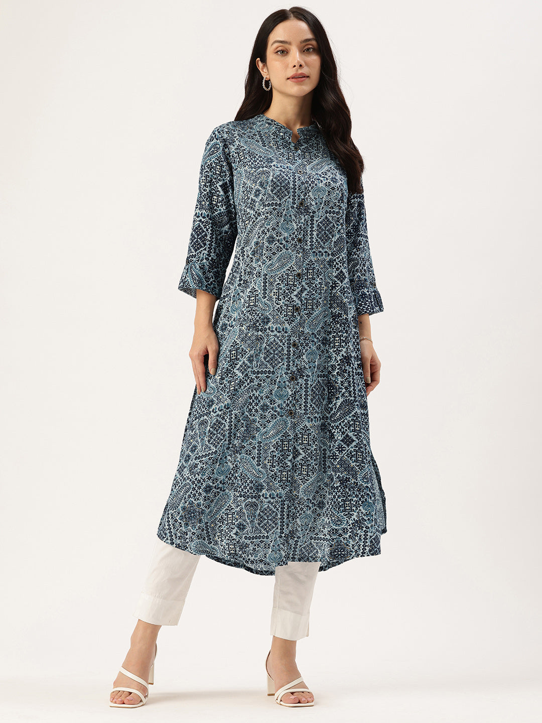 Blue Paisley Printed A Line Kurta