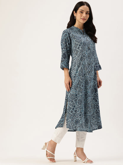 Blue Paisley Printed A Line Kurta