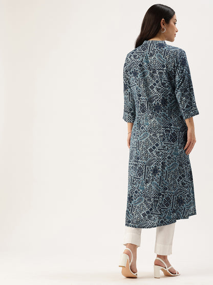 Blue Paisley Printed A Line Kurta