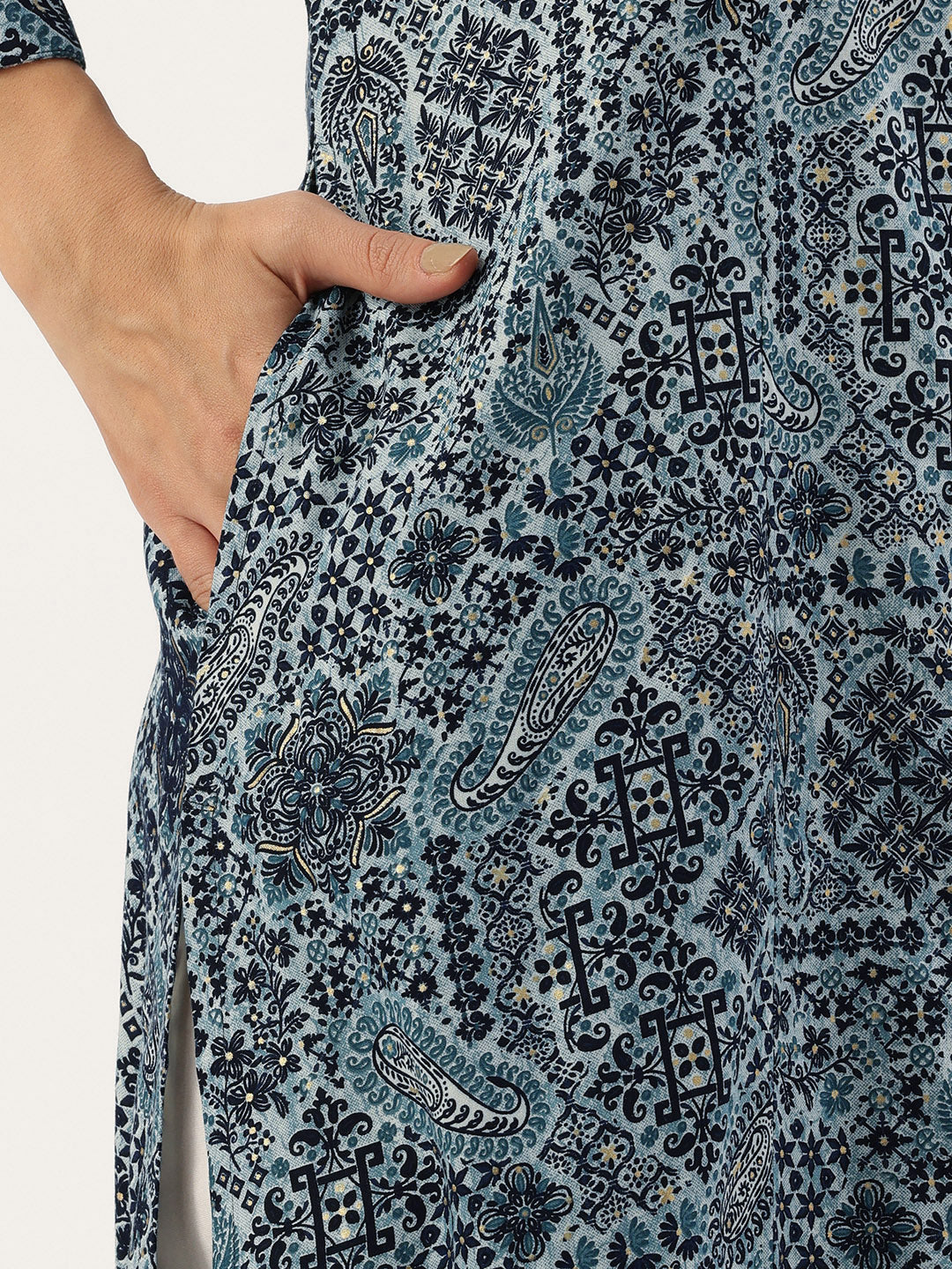 Blue Paisley Printed A Line Kurta