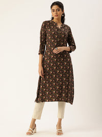 Black Printed Mandarin Collar Roll-Up Sleeves Kurta