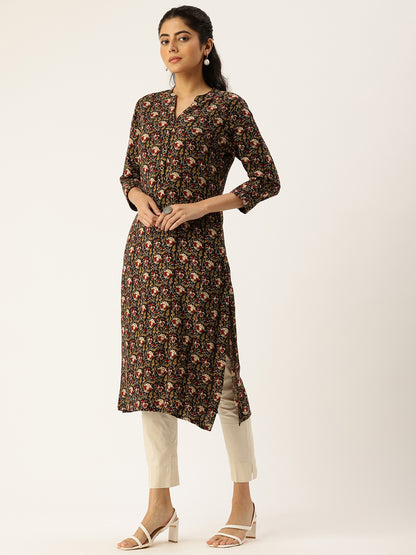 Black Printed Mandarin Collar Roll-Up Sleeves Kurta