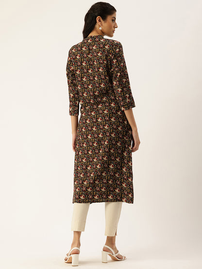 Black Printed Mandarin Collar Roll-Up Sleeves Kurta