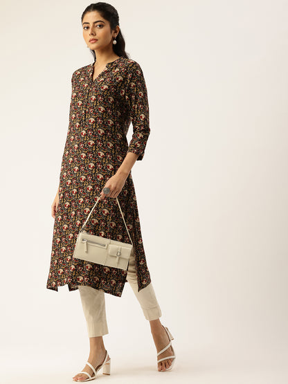 Black Printed Mandarin Collar Roll-Up Sleeves Kurta