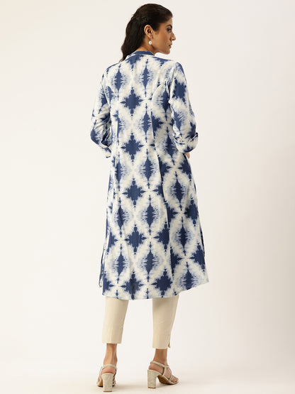 Blue Printed Mandarin Collar Roll-Up Sleeves Kurta