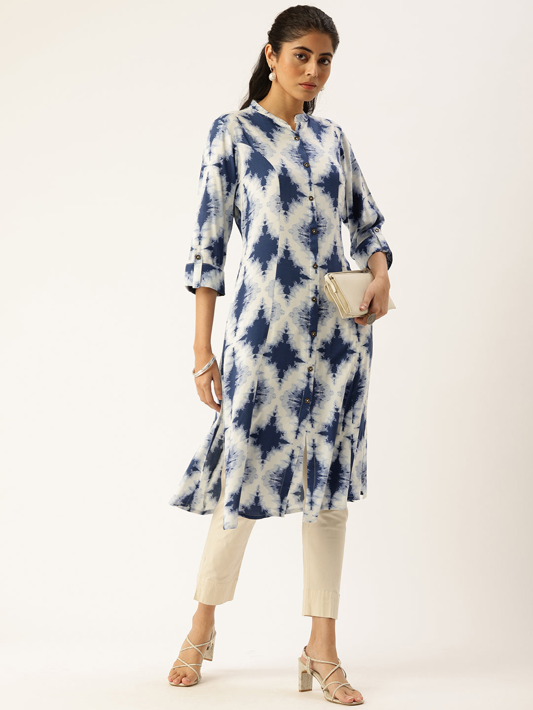 Blue Printed Mandarin Collar Roll-Up Sleeves Kurta