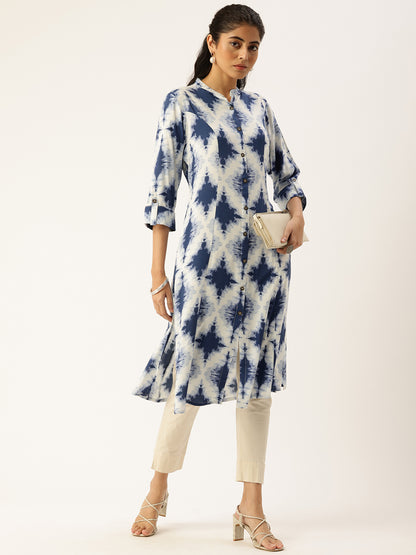 Blue Printed Mandarin Collar Roll-Up Sleeves Kurta