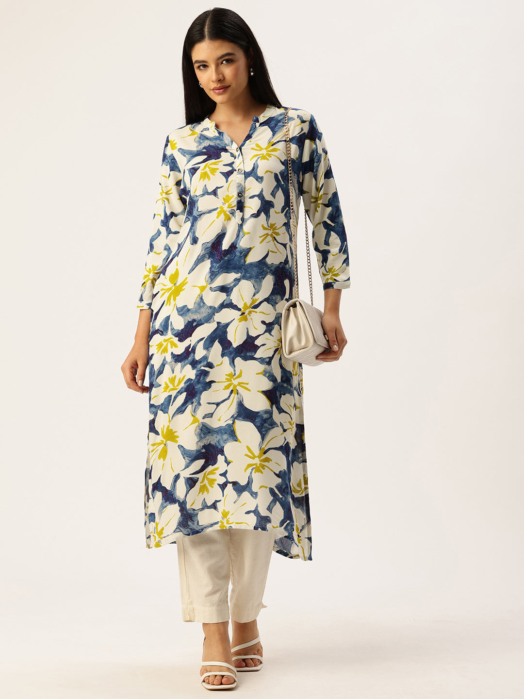 Blue Floral Printed Mandarin Collar Kurta