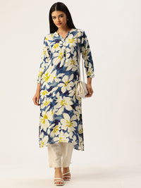 Blue Floral Printed Mandarin Collar Kurta