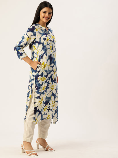 Blue Floral Printed Mandarin Collar Kurta