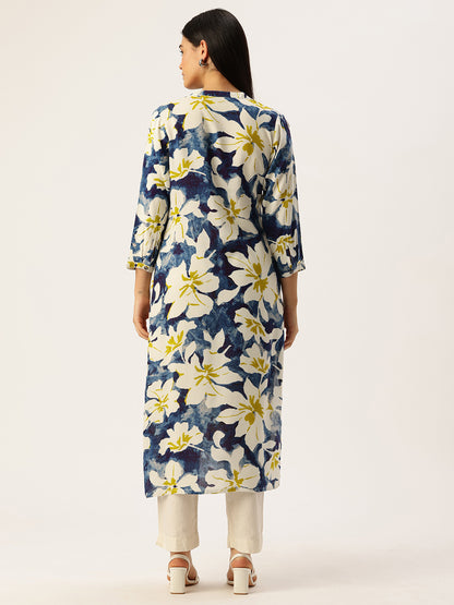 Blue Floral Printed Mandarin Collar Kurta