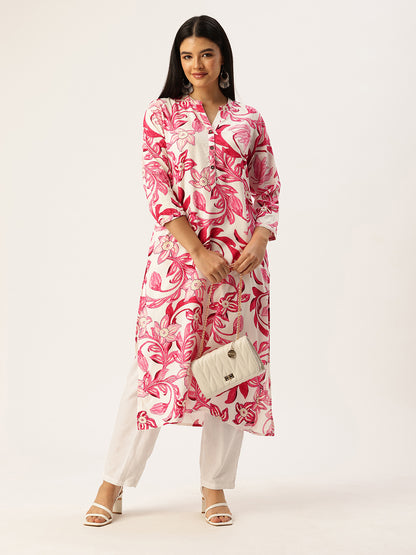 Pink White Floral Printed Kurta