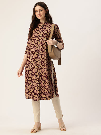 Wine Abstract Printed Mandarin Collar Kurta