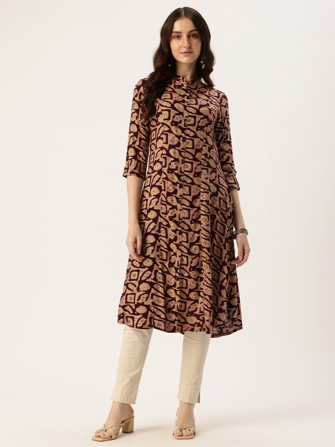 Wine Abstract Printed Mandarin Collar Kurta