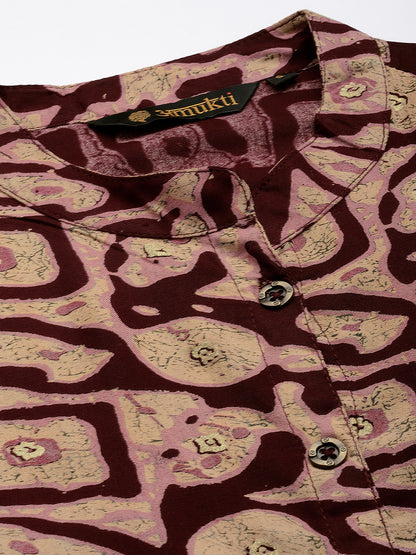 Wine Abstract Printed Mandarin Collar Kurta