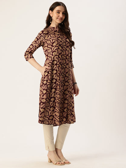 Wine Abstract Printed Mandarin Collar Kurta