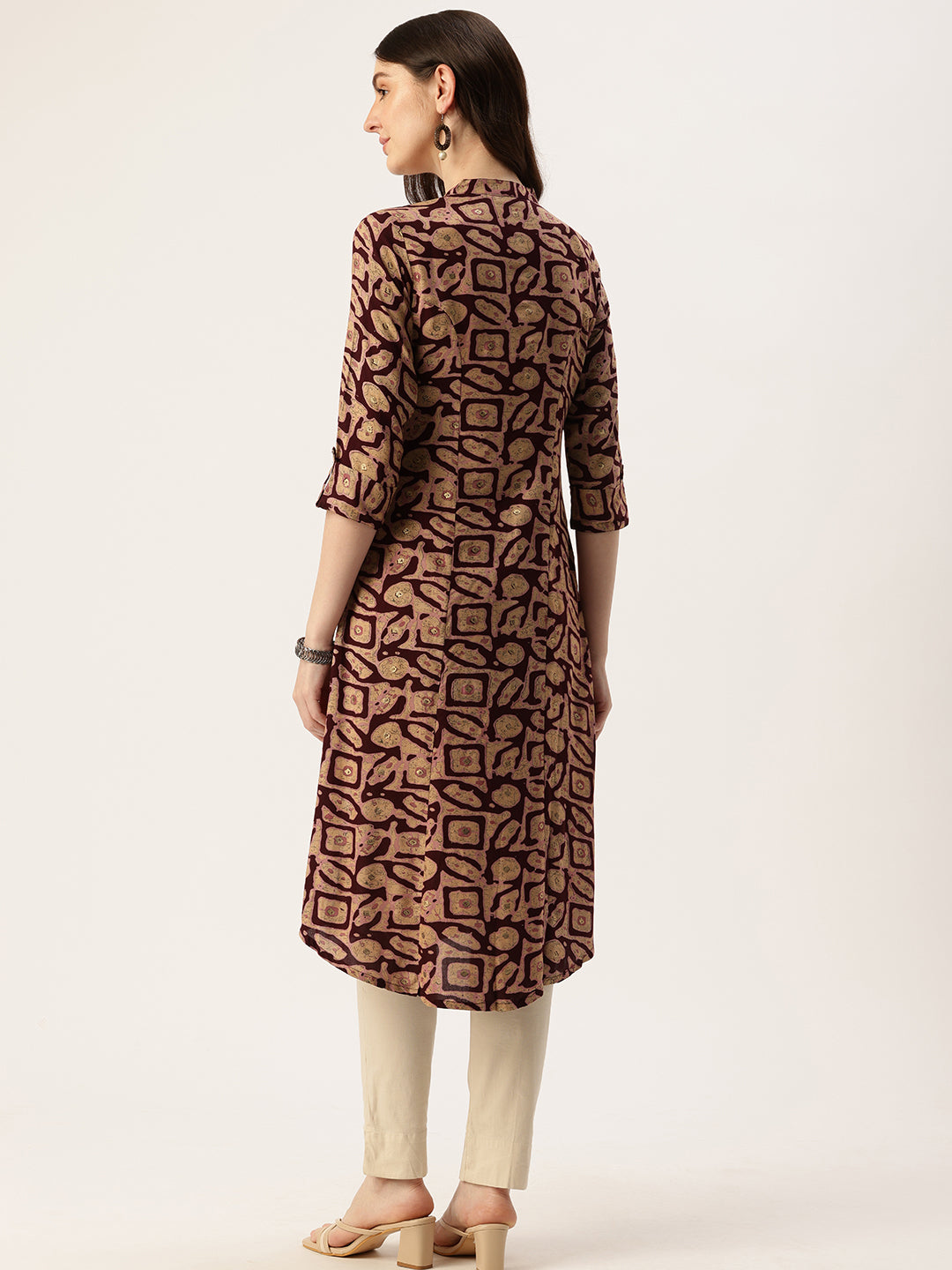 Wine Abstract Printed Mandarin Collar Kurta