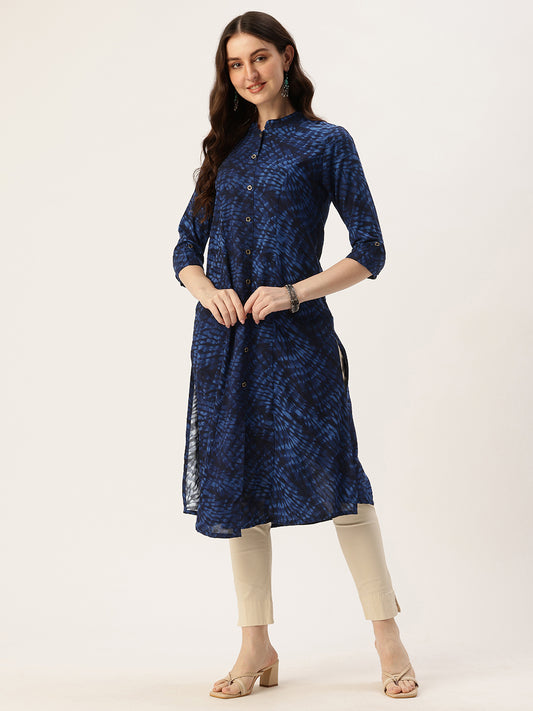 Blue Abstract Printed Mandarin Collar Kurta