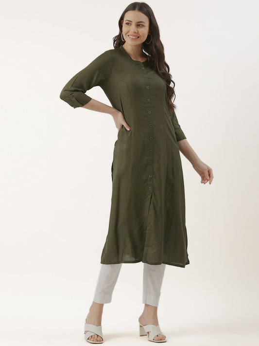 Olive Green Solid A-line Princess Cut Kurta