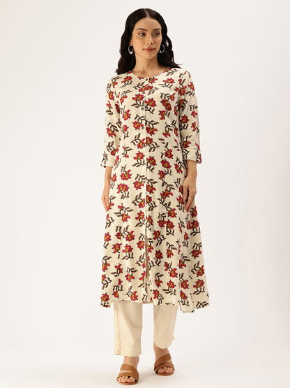 White Floral Printed Kurta