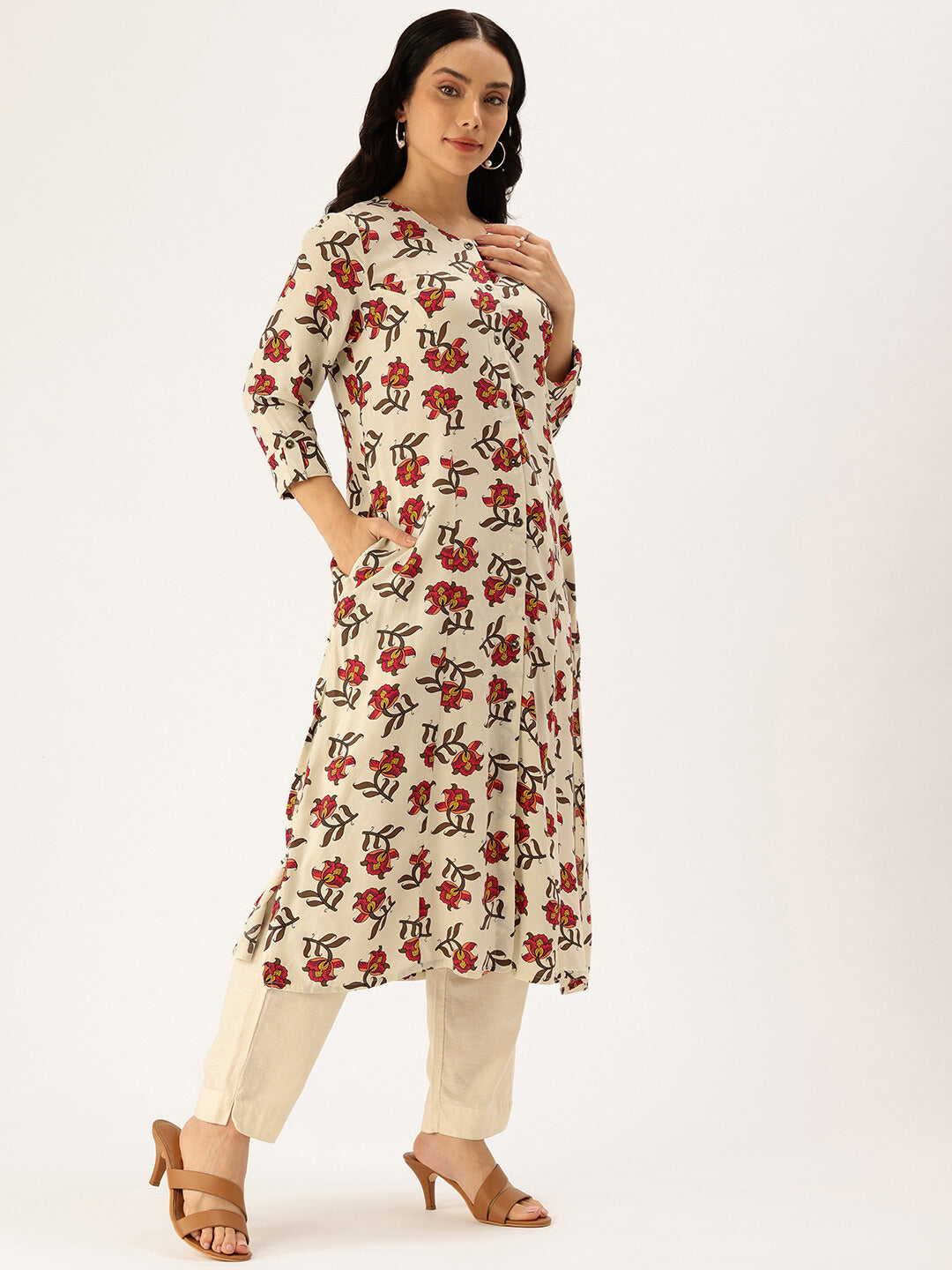 White Floral Printed Kurta