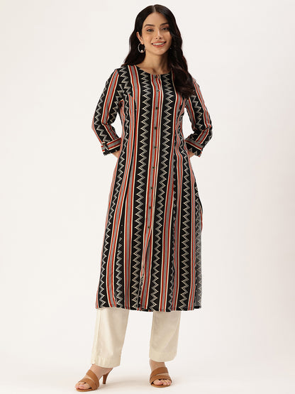 Black Striped Roll-Up Sleeves Straight Kurta