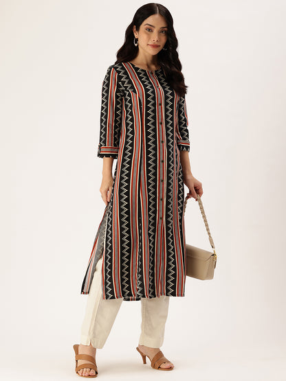 Black Striped Roll-Up Sleeves Straight Kurta