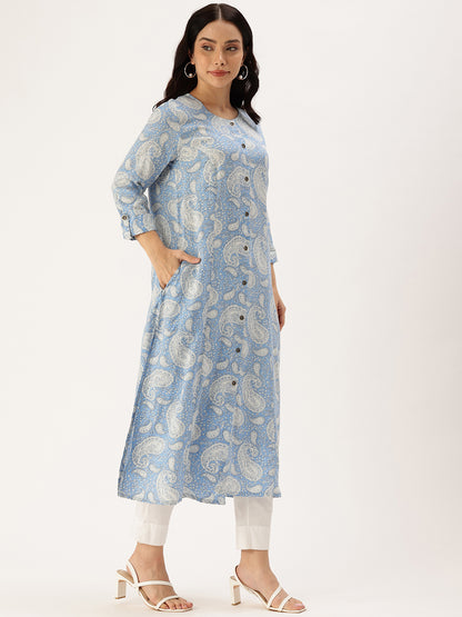 Blue Paisley Printed Straight Kurta