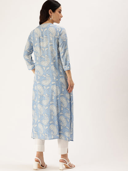 Blue Paisley Printed Straight Kurta