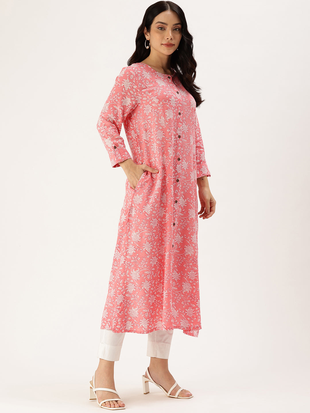 Pink Floral Printed Straight Kurta